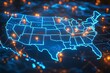 © Five Million Stock - A high-tech, illuminated 3D map of the United States, showcasing various pinpoint locations across the country. The map is vibrant with blue lights highlighting the states' boundaries