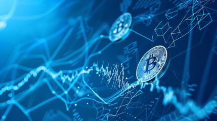 Blue bitcoin coins and Blockchain, cryptocurency graphicks on blue background, crypto charts on abstract background 