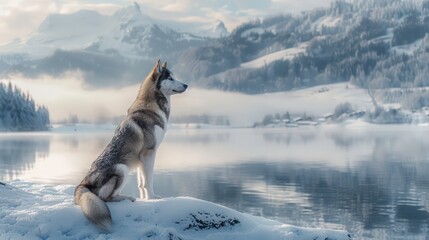A wolf-like dog sits on a snow covered hill overlooking a frozen lake and mountain range in the distance.