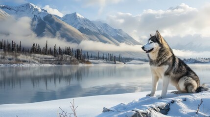 A lone wolf sits on a snowy bank by a frozen lake, with snow-capped mountains and clouds in the background.