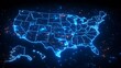 © Five Million Stock - A high-tech, illuminated 3D map of the United States, showcasing various pinpoint locations across the country. The map is vibrant with blue lights highlighting the states' boundaries