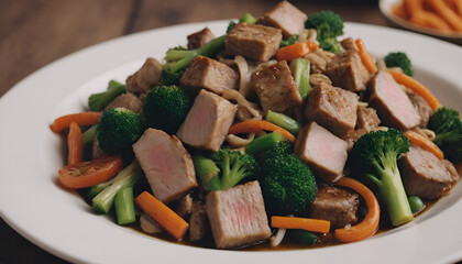 Sticker - pork stir fry on a plate