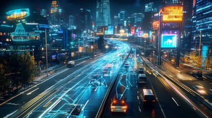 Poster - A captivating image of a futuristic cityscape at night, showcasing the seamless integration of technology and transportation. Autonomous vehicles navigate a network of interconnected roads, highlighti