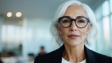 Empowered older businesswoman with gray hair is posing in a modern office building