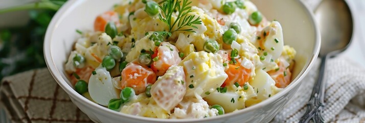 Canvas Print - Olivier Salad, an internationally adored dish known as Russian Salad, showcases a delightful combination of potatoes, mayonnaise, and an array of vegetables, including peas, carrots, and boiled eggs.