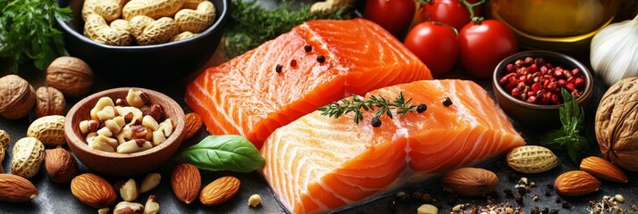 Wall Mural - A close-up image showcasing a healthy assortment of foods, including fresh salmon fillets, various nuts, almonds, and tomatoes. This image symbolizes a balanced diet rich in protein, healthy fats, and