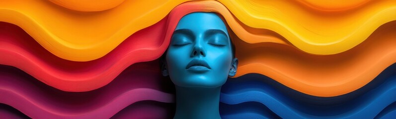 Brightly colored abstract of a woman's face with her eyes closed, rainbow color, creative portrait, banner, copy space