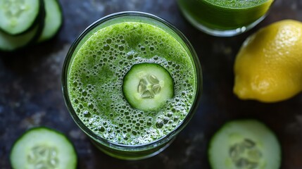 Wall Mural - A close-up of a glass of fresh green juice with cucumber and lemon slices. The juice is vibrant green and has a frothy texture, symbolizing health, vitality, and natural goodness. The cucumber and lem