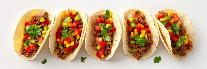 A close-up of five delicious ground beef tacos with fresh toppings, including diced tomatoes, cilantro, onions, and corn. The tacos are arranged in a row on a white background, showcasing their vibran