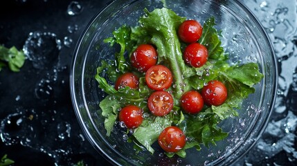 Poster - A close-up photo of a fresh salad with cherry tomatoes and greens in a glass bowl. The salad is submerged in water, creating a refreshing and vibrant image. The salad is a symbol of health, freshness,