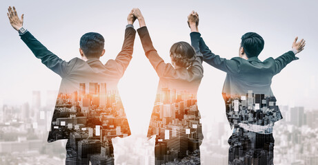 Wall Mural - double exposure image of many business people conference group meeting on city office building in ba