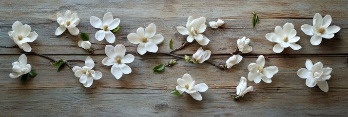 Sticker - A delicate arrangement of freshly picked magnolia blossoms rests gracefully on a weathered wooden surface, symbolizing purity, beauty, new beginnings, and the ephemeral nature of life.