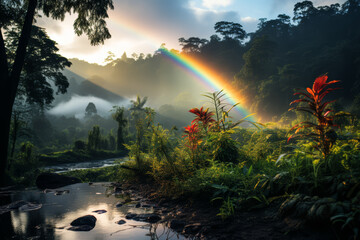 Canvas Print - A rainbow arching over a misty jungle. Concept of nature’s wonders. Generative Ai.