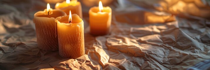 Wall Mural - Handcrafted wax candles designed for decoration, resting on wrinkled parchment paper and bathed in sunlight.