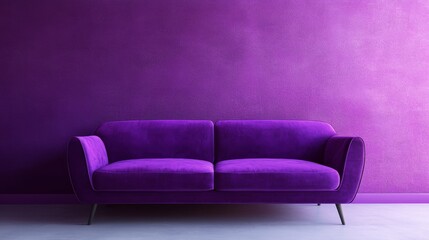 Poster - A luxurious purple velvet couch sits majestically in front of a bold purple wall, representing the harmony of design, comfort, and bold color choices for a modern living space.