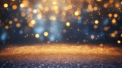 Sticker - A magical abstract background featuring a shimmering golden glitter surface with warm gold bokeh lights and a blue haze, symbolizing celebration, luxury, hope, and the beauty of the night.