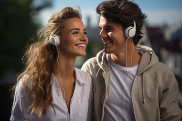 Poster - A couple sharing earphones, listening to music. Concept of enjoying simple pleasures together. Generative Ai.