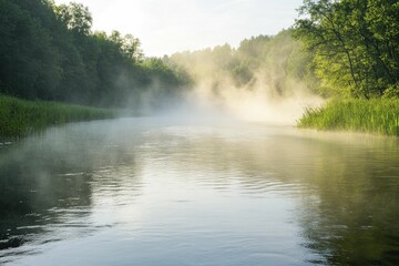 Wall Mural - A swirling mist billowing above a serene river, weaving an atmosphere of intrigue and magic that captivates the senses.