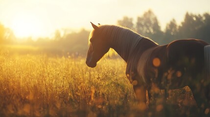 Poster - A majestic horse stands in a field of tall grass, bathed in the warm glow of the setting sun. The horse's silhouette is beautifully captured against the vibrant sky, creating a serene and inspiring sc