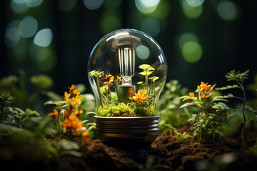 Wall Mural - a lightbulb filled with a miniature garden. concept of creativity and innovation. generative ai.