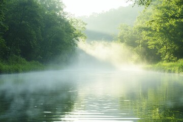 Canvas Print - A swirling mist ascends from a serene river, enveloping the surroundings in an aura of intrigue and allure.