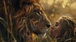 © glden - Profile portrait photo of a young beatiful girl face to face a majestic lion, a metaphor representing  facing your fears& demons as well as embracing your inner strength. Inspirational concept photo.