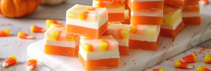 Wall Mural - Candy Corn Fudge Squares on a White Cutting Surface