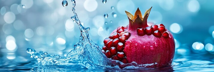 Poster - A ripe, red pomegranate splashes into a clear blue water, creating a vibrant and refreshing image.  The water droplets dance around the fruit, creating a sense of movement and energy. The blue backgro