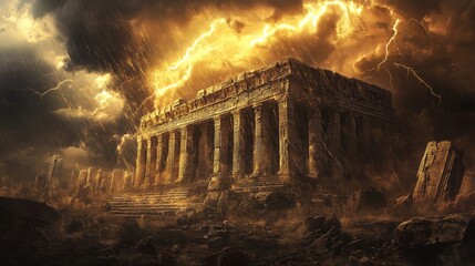 A ruined ancient temple stands amidst a raging storm. Lightning strikes the sky, illuminating the crumbling structure. The temple is a symbol of lost civilization and the power of nature. The storm re