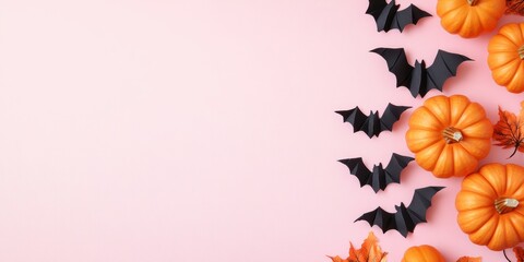 Halloween decorations featuring orange pumpkins, black bats, and autumn leaves arranged on a pastel pink background. Festive and playful holiday concept.