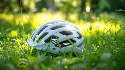 White bicycle helmet resting in green grass and wildflowers.