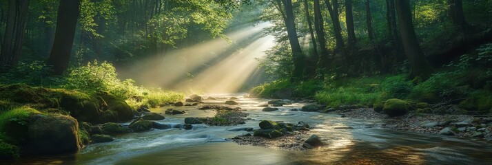 Wall Mural - A serene image of a sunlit river flowing through a lush forest, symbolizing peace, tranquility, natural beauty, and the power of nature. The sun's rays illuminate the water, creating a magical ambianc