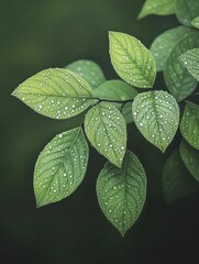 Canvas Print - A delicate shimmer of dew on vibrant green leaves showcases the serene beauty of nature as the first light of day breaks.