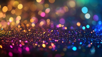 Poster - A shimmering background with a gradient of gold, pink, purple, and blue glitter. The out of focus bokeh lights create a festive and celebratory atmosphere. This image evokes feelings of joy, celebrati