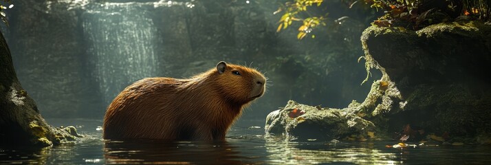 Poster - A solitary capybara, the world's largest rodent, finds peace and serenity in a lush, tropical forest. The gentle waterfall and the mossy rocks create a picturesque setting, symbolizing tranquility, na