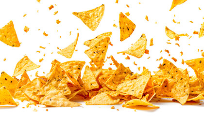 Falling corn chips, hot Mexican nachos isolated on white background