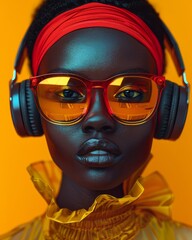 Wall Mural - Portrait of an African woman, wearing high-end red fashion sunglasses, clear frames and yellow tint lenses, her hair is black, wearing futuristic headphones