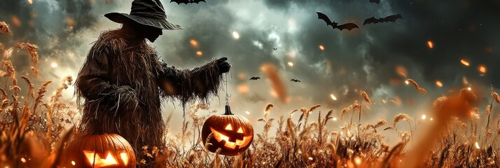 Canvas Print - A spooky Halloween scene featuring a scarecrow in a field of pumpkins, with bats flying overhead and a stormy sky in the background. The image evokes feelings of mystery, fear, and the spirit of Hallo