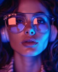 Wall Mural - Portrait of an Indian woman, wearing high-end purple fashion sunglasses, clear frames and blue tint lenses, her hair is dark brown, wearing futuristic headphones