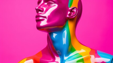 Colorful mannequin head with a pink, blue, yellow, green, and red design on a pink background.