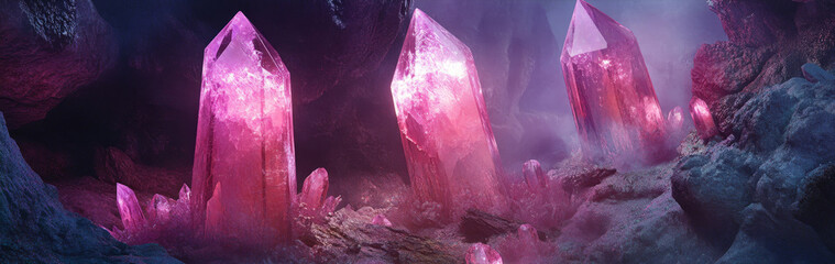 Wall Mural - A stunning visual of ethereal pink crystals glowing in a fantastical cave setting. The crystals represent power, magic, and the beauty of nature. This image could symbolize transformation, spiritual a