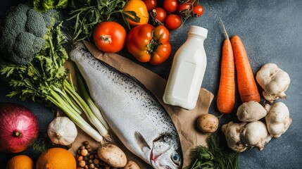 Sticker - A variety of fresh ingredients, including fish, vegetables, and dairy, arranged on a rustic background. This image symbolizes the importance of a balanced diet for a healthy lifestyle.