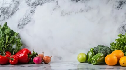 A vibrant arrangement of fresh vegetables, including red bell peppers, green peppers, broccoli, and oranges, artfully displayed on a pristine marble surface. The composition leaves ample space for tex