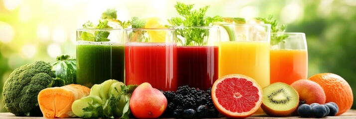 Canvas Print - A vibrant display of six freshly squeezed juices, each showcasing a different fruit or vegetable combination, highlighting the colors and flavors of nature's bounty. This image symbolizes health, vita