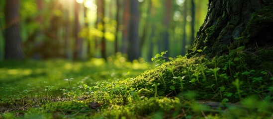 Wall Mural - Tree Trunk Closeup With Green Grass And Small Leafs Around With Out Focus Background In Forest