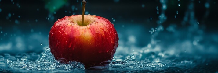 Wall Mural - A vibrant red apple, perfectly ripe and glistening with water droplets, sits in a pool of clear water. The apple's smooth skin contrasts with the dynamic splashes, symbolizing freshness, vitality, and