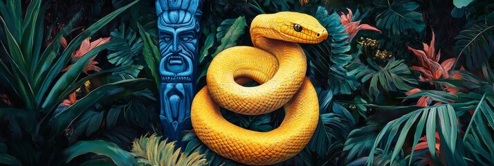 A vibrant yellow snake is coiled around a blue totem, surrounded by lush tropical foliage. The snake symbolizes wisdom, strength, and transformation, while the totem represents spiritual guidance and 