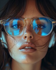 Wall Mural - Portrait of an Egyptian woman, wearing high-end gold fashion sunglasses, clear frames and blue tint lenses, her hair is dark brown, wearing futuristic headphones