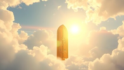 Ethereal shiny golden heaven gates or door in the heaven sky, surrounded by white clouds, entrance into paradise, Christian religious concept and belief