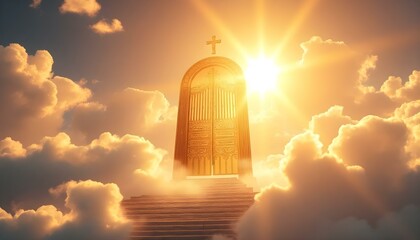 Ethereal shiny golden heaven gates or door in the heaven sky, surrounded by white clouds, entrance into paradise, Christian religious concept and belief